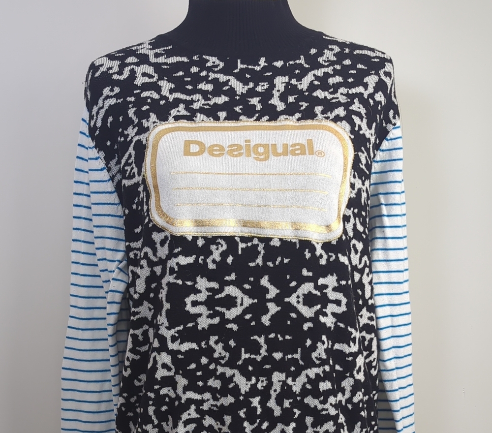 Desigual Composition Notebook Mock Neck Knit Sweater Stripe Accent Pullover LRG - Picture 4 of 13